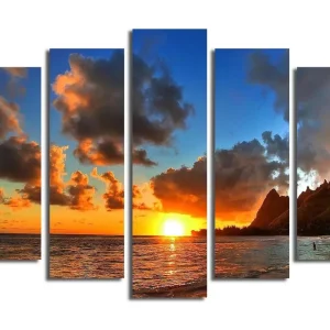 Säker betalning Stor Canvastavla i 5 delar 105x70 cm - Solnedgång över havet med dramatiska molnformationer Orange / Blå / Grå - Inredning