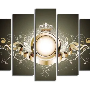 Begränsat antal Stor Canvastavla i 5 delar 105x70 cm - Elegant komposition med en krona och dekorativa element Guld / Vit / Mörkgrå - Inredning