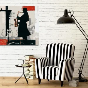 Canvastavla 45x45 cm - Silhuett av en saxofonist i en urban miljö - Inredning & dekor Sänkt pris