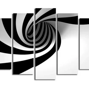 Extra rabatt Stor Canvastavla i 5 delar 105x70 cm - Svartvit spiral med dynamisk rörelse Svart / Vit - Inredning
