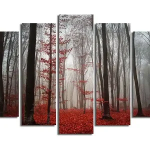 Stor Canvastavla i 5 delar 105x70 cm - Dimhöljd skog med röda lövträd Röd / Grå / Svart - Inredning Populärt val