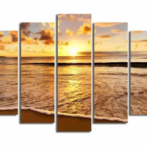 risnedsättning Stor Canvastavla i 5 delar 105x70 cm - Solnedgång över havet med reflektioner på vattnet Guld / Orange / Blå - Inredning