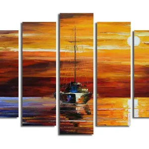 Köp online Stor Canvastavla i 5 delar 105x70 cm - Segelbåt i solnedgång med reflektioner i vattnet Orange / Röd / Blå - Inredning
