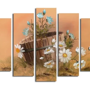 Stor Canvastavla i 5 delar 105x70 cm - Blomsterarrangemang med prästkragar och en korg Vit / Blå / Beige - Inredning Begränsat antal