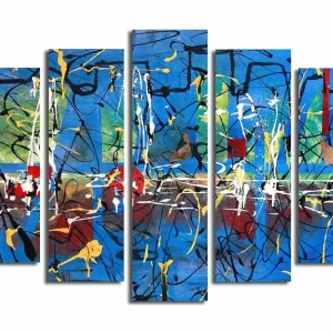 Stor Canvastavla i 5 delar 105x70 cm - Abstrakt komposition med färgglada linjer och former Blå / Gul / Röd - Inredning Köp nu