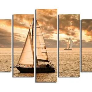 Bästa pris Stor Canvastavla i 5 delar 105x70 cm - Segelbåtar på en spegelblanka havsytan under en gyllene solnedgång Guld / Orange / Beige - Inredning