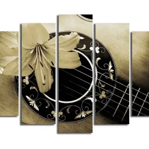 Lågt pris Stor Canvastavla i 5 delar 105x70 cm - Gitarr med en blomma som accentuerar instrumentets detaljer Guld / Svart / Beige - Inredning