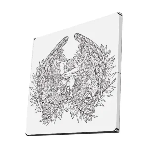 Sänkt pris Canvastavla 45x45 cm - Mörk och detaljrik skulptur av en sittande figur omgiven av fjädrar och växtlighet - Inredning & dekor