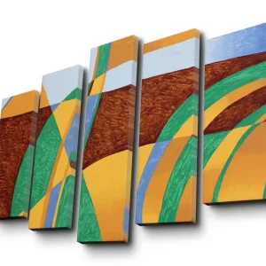 Endast idag Stor Canvastavla i 5 delar 105x70 cm - Abstrakt komposition med böljande former och färger Grön / Orange / Brun - Inredning