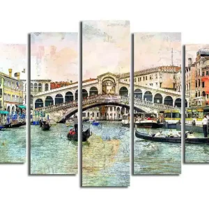 Stor Canvastavla i 5 delar 105x70 cm - Vacker vy av Rialtobron i Venedig med gondoler i kanalen Blå / Grön / Beige - Inredning Snabb leverans