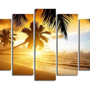 Bästa pris Stor Canvastavla i 5 delar 105x70 cm - Solnedgång över en strand med palmer Guld / Orange / Blå - Inredning