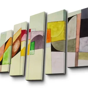 Populärt val Stor Canvastavla i 5 delar 105x70 cm - Abstrakt komposition med geometriska former i olika färger Gul / Grön / Rosa - Inredning