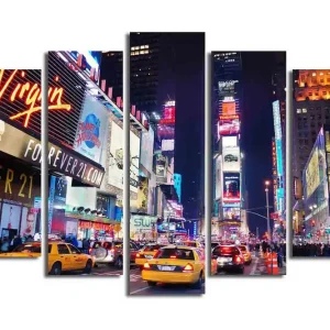 Stor Canvastavla i 5 delar 105x70 cm - Livlig stadsbild av Times Square med neonskyltar och trafik Gult / Blått / Rött - Inredning Extra rabatt