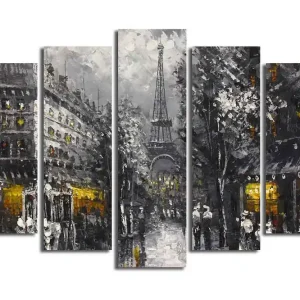 Sista chansen Stor Canvastavla i 5 delar 105x70 cm - Parisisk stadsbild med Eiffeltornet i skymningen Grå / Svart / Guld - Inredning