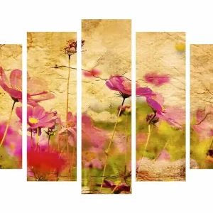 Stor Canvastavla i 5 delar 105x70 cm - Färgrik blomsteräng med rosa blommor Rosa / Gul / Grön - Inredning Handla nu