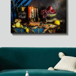 Canvastavla 70x100 cm - Stilleben med frukter, böcker och en kanna, som skapar en rik och inbjudande atmosfär - Inredning & dekor Premium