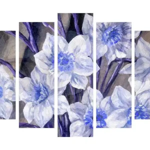 Stor Canvastavla i 5 delar 105x70 cm - Vackra blommor i blått och vitt Blå / Vit / Lila - Inredning Billig