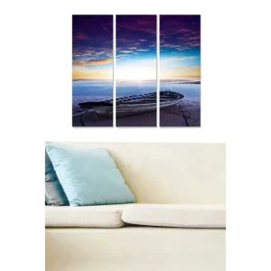 Canvastavla i trä 3-delar 50x70 cm - Båt vid strandkanten under en färgsprakande solnedgång - Inredning & dekor Populär