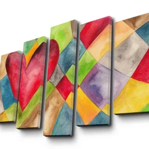 Stor Canvastavla i 5 delar 105x70 cm - Stort, färgglatt hjärta i en geometrisk komposition Röd / Grön / Blå - Inredning Endast idag