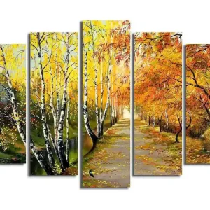 Stor Canvastavla i 5 delar 105x70 cm - Vacker höstlandskap med färgglada träd längs en promenadväg Gult / Orange / Grönt - Inredning Populärt val