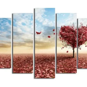 Nyhet Stor Canvastavla i 5 delar 105x70 cm - Hjärtformad träd med höstlöv i röd nyans Röd / Rosa / Blå - Inredning
