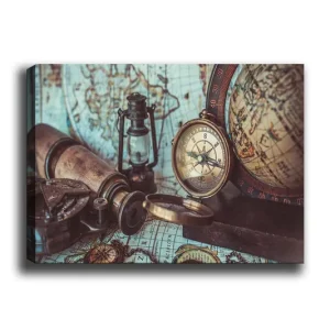 Canvastavla 70x100 cm - Nostalgisk samling av navigationsverktyg och en gammal karta - Inredning & dekor Köp online