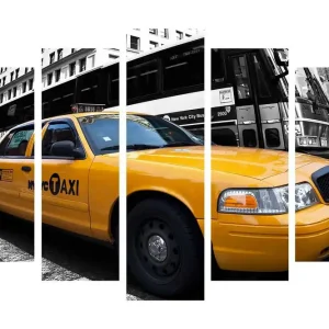 Stor Canvastavla i 5 delar 105x70 cm - Gult New York-taxi i stadsmiljö Gul / Svart / Grå - Inredning Rea