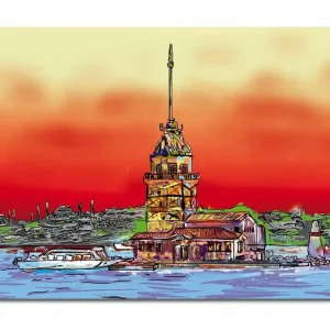 Stor Canvastavla 100x70 cm - Färgglad fyr vid havet med en dramatisk solnedgång Röd / Orange / Blå - Inredning Begränsat erbjudande