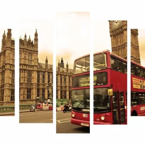 Stor Canvastavla i 5 delar 105x70 cm - Röd dubbeldäckare framför Big Ben och det brittiska parlamentet Röd / Beige / Brun - Inredning Kampanjpris