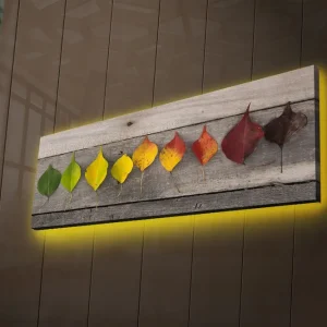 Snabb frakt Canvastavla med LED-belysning 30x90 cm - Färgglada löv i en rad på en träplatta Grön / Gul / Röd - Inredning