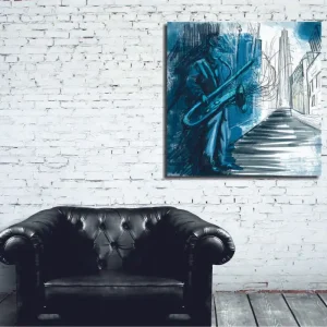 Begränsat antal Canvastavla 45x45 cm - Jazzmusiker som spelar saxofon i en stadsmiljö - Inredning & dekor