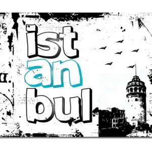 Nyhet Stor Canvastavla 100x70 cm - Grafisk representation av Istanbul med stiliserad text och silhuett av ett torn Svart / Vit / Turkos - Inredning