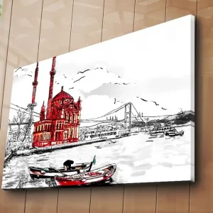 Premium Stor Canvastavla 100x70 cm - Röd byggnad vid vattnet med båtar i förgrunden Röd / Svart / Vit - Inredning