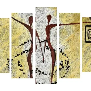 Stor Canvastavla i 5 delar 105x70 cm - Abstrakt komposition med två stiliserade figurer i rörelse Guld / Svart / Vit - Inredning Billig