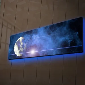 Begränsat antal Canvastavla med LED-belysning 30x90 cm - Måne i en stjärnklar himmel med nebulosa Mörkblå / Ljusblå / Vit - Inredning