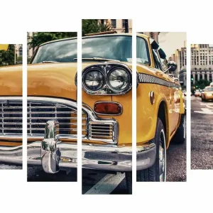 Köp online Stor Canvastavla i 5 delar 105x70 cm - Klassisk gul taxibil i stadsmiljö Gul / Krom / Svart - Inredning