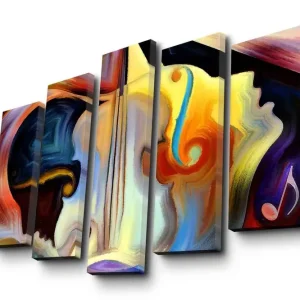 Extra rabatt Stor Canvastavla i 5 delar 105x70 cm - Abstrakt komposition med musikinstrument och ansiktskonturer Mörkblå / Orange / Gul - Inredning