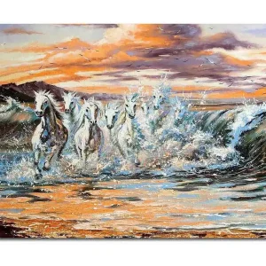 Trygg betalning Stor Canvastavla 100x70 cm - Vilda hästar som galopperar genom vågorna vid solnedgången Vit / Blå / Orange - Inredning