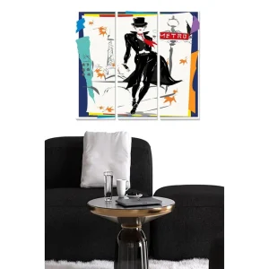 Canvastavla i trä 3-delar 50x70 cm - Elegant figur i svart kostym med hatt och röd scarf i en urban miljö - Inredning & dekor Snabb leverans