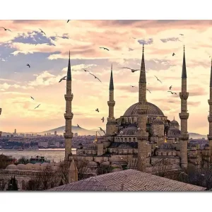 Stor Canvastavla 100x70 cm - Storslagen moské med flera minareter i solnedgångens ljus Grå / Beige / Blå - Inredning Köp online