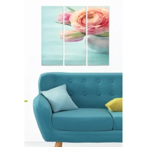 Billigare Canvastavla i trä 3-delar 50x70 cm - Bukett av rosa blommor i en silverfärgad vas - Inredning & dekor