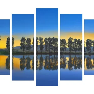 Rea Stor Canvastavla i 5 delar 105x70 cm - Spegelbild av träd längs en sjö vid solnedgång Blå / Gul / Grön - Inredning