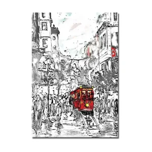 Stor Canvastavla 70x100 cm - Röd spårvagn i en livlig stadsbild Röd / Svart / Grå - Inredning Extra rabatt