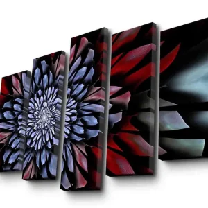 Rabatt Stor Canvastavla i 5 delar 105x70 cm - Abstrakt blomsterdesign med spiralliknande former Mörkröd / Blå / Svart - Inredning