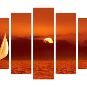 Stor Canvastavla i 5 delar 105x70 cm - Segelbåt på en glödande havsyta vid solnedgången Orange / Guld / Röd - Inredning Premium