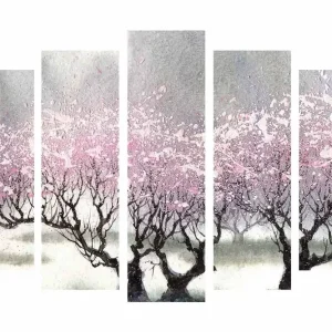 Fri frakt Stor Canvastavla i 5 delar 105x70 cm - Blommande körsbärsträd i en drömlik landskapsscen Rosa / Grå / Svart - Inredning