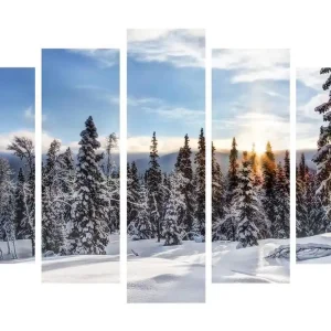 Stor Canvastavla i 5 delar 105x70 cm - Snöklädda granar i en vinterlandskap med soluppgång Vit / Blå / Grön - Inredning Rabatt