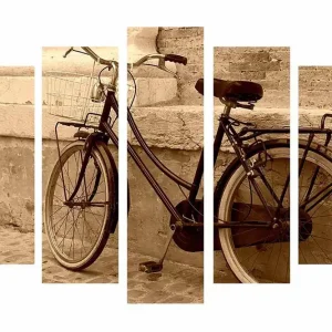 Kampanj Stor Canvastavla i 5 delar 105x70 cm - Vintage cykel lutad mot en vägg Svart / Beige / Brun - Inredning