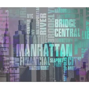 Canvastavla 70x100 cm - Stiliserad representation av Manhattan med fokus på stadens namn och ikoniska byggnader - Inredning & dekor Rabatt