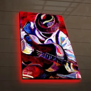 Erbjudandepris Canvastavla med LED-belysning 70x45 cm - Musiker som spelar gitarr med passionerat uttryck Röd / Blå / Vit - Inredning